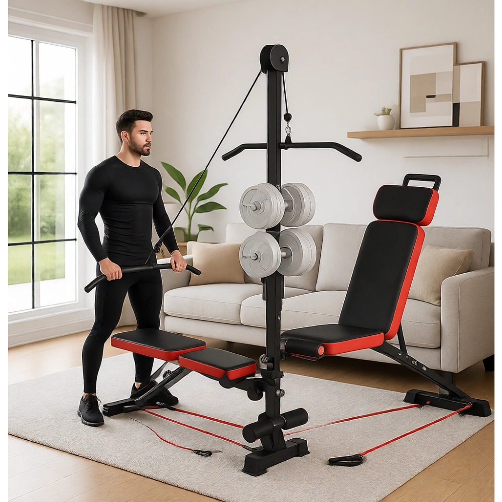 Home Gym Multi - Multifunktionale Hantelbank mit Rollensystem und verstellbarer