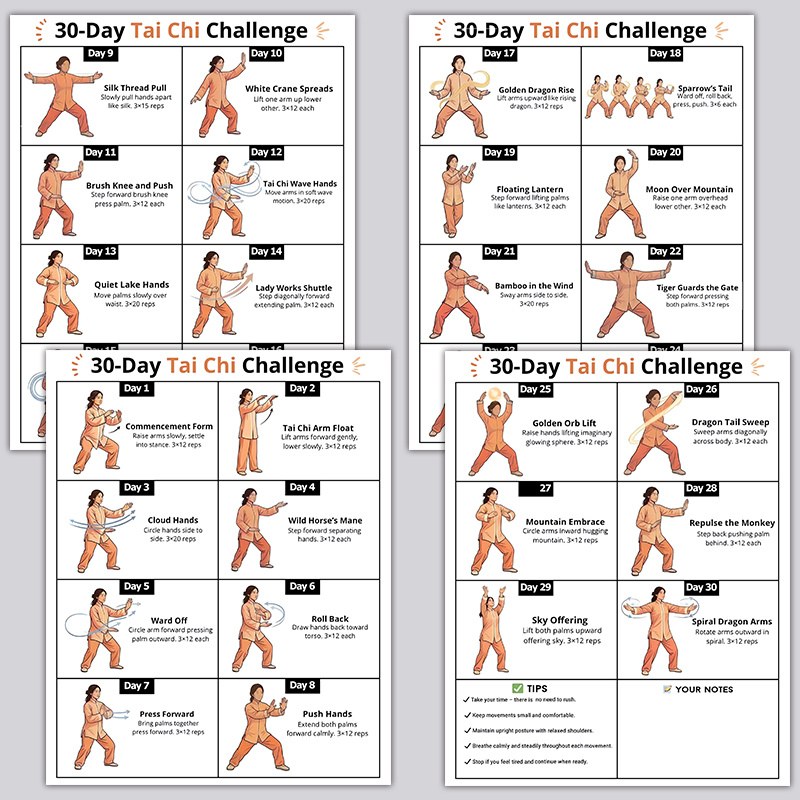 Home Gym Reviews - 4 Stück 30-Tage-Tai-Chi-Challenge-Trainingsplan, Kampfsport-Übungsanleitung Wandkunst, Trainingsroutinen-Übersicht